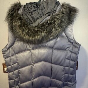 The North Face Gray Puffer Vest with Faux Fur Trim